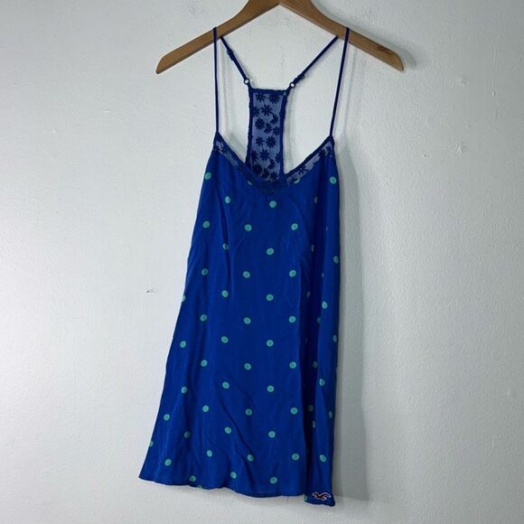 HOLLISTER Racerback Spaghetti Strap Lace Polka Dot Lined Blue Dress Small - Picture 1 of 8